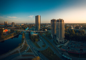 Riga, Latvia - October 10 2020: Urban city skyline. High rise buildings. Aerial drone scene. Smooth motion. Z tower.