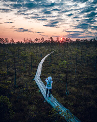 Autumn, early morning sunrise, Swamp, marshland, wooden walkway, girl going for a walk.
