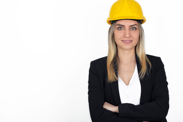 job and profession concept. engineer or architect woman in yellow helmet.
