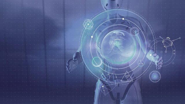 Alien examines infographics about the planet earth.