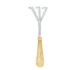 Watercolor Gardening tools, rake isolated on white background. Garden tool shovel Hand painted illustration. Gardener instrument
