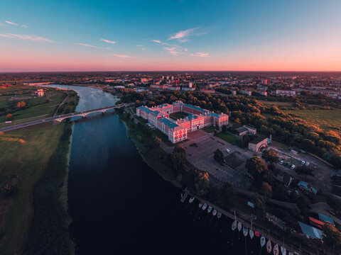 Jelgava, Latvia, state University, aerial sunset. Winding river.