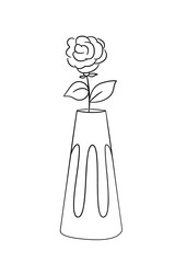 One lush rose in a wavy ceramic vase. Isolated contour black and white illustration in doodle style on a white.