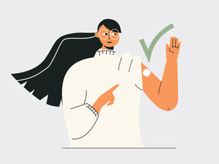 Vaccine and vaccination concept. Asian woman after vaccine shot with green check. Youth health care, immunization campaign, flue coronavirus prevention. Flat vector cartoon isolated illustration