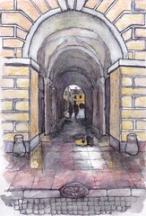 People in the arch, sketch in water color on the street in St. Petersburg.
