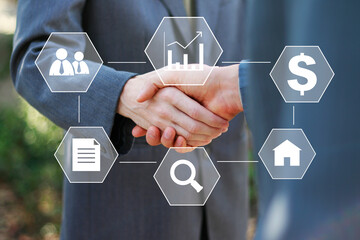 Businessman join the hand for collaboration teamwork handshake and support with business icon for...