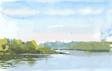 Vector watercolor landscape of summer mornig on lakeside