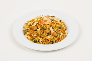 Meat and shrimps fried rice and noodles.