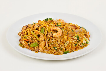 Meat and shrimps fried rice and noodles.