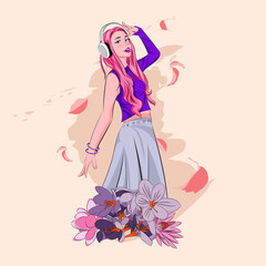 ilustración en vectores de chica con estilo escuchando música con adornos de flores 