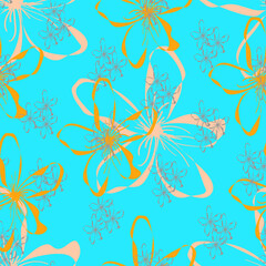 Obraz na płótnie Canvas Seamless pattern with hand drawn colorful flowers in flat style,simple botanical illustration,bright print for wallpaper and wrapping paper,cover and interior design,fabric,blue background
