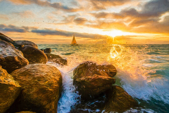 Sunset Ocean Sailboat Painting