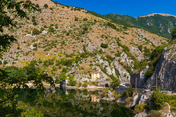 Lake San Domenico with Eremo di San Domenico near Scanno, Province of L'Aquila, region of Abruzzo,...