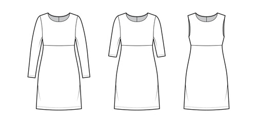 Naklejka premium Set of Dresses empire line technical fashion illustration with long elbow sleeves sleeveless, oversized body, knee length A-line skirt. Flat apparel front, white color style. Women, unisex CAD mockup