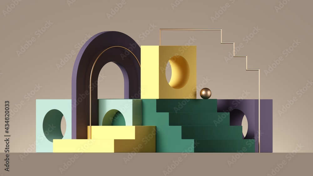 Poster 3d render, abstract colorful background with geometric composition. playground with steps, blocks an