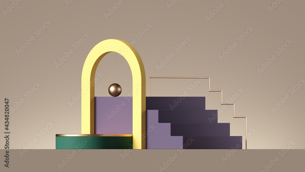 Poster 3d render, abstract modern minimal geometric background with yellow arch and violet steps, empty pod