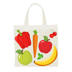 Fresh vegetables and fruits in a transparent bag. Peppers, bananas, carrots, apples, cherries on a white background. Purchases. Flat style. Vegetarian food. It can be used in web design, checklists, p