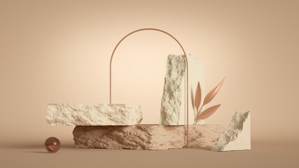 3d render, abstract modern minimal pastel background with rock podium, golden arch and decorative leaf. Showcase scene for product presentation