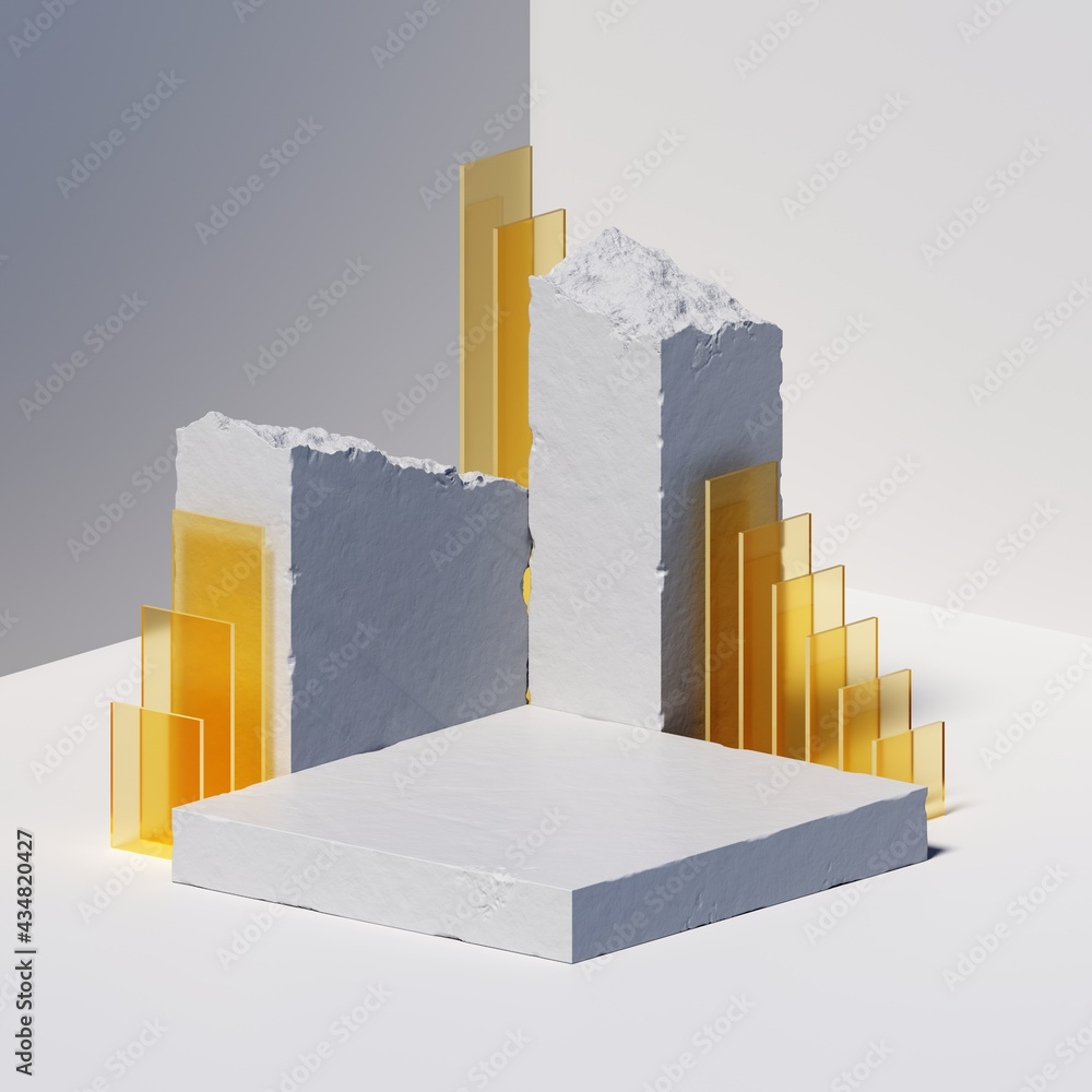 Poster 3d render, abstract background with white concrete blocks, broken stone ruins and yellow glass piece