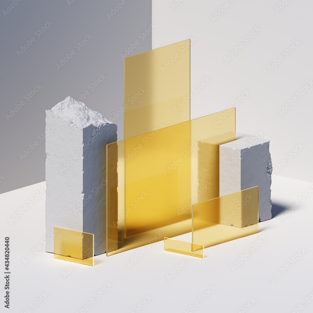 Poster 3d render, abstract background with white concrete broken stone blocks and yellow square glass piece