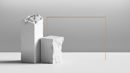 3d render, abstract background with white cobblestone blocks. Modern minimal showcase scene for product presentation