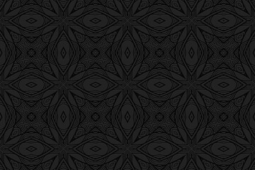 3D volumetric convex embossed geometric black background. Ethnic pattern with national oriental flavor. Stylish ornament for wallpaper, website, textile, presentation.