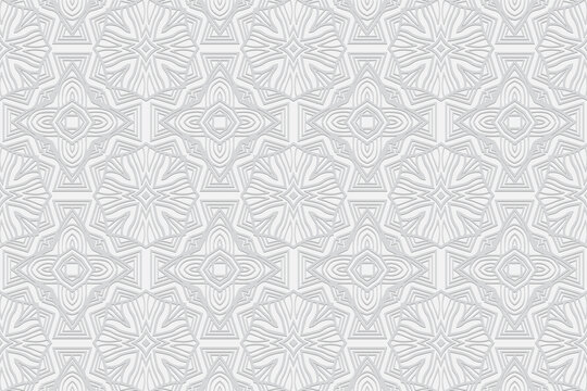 3D volumetric convex embossed geometric white background. Ethnic pattern with national oriental flavor. Abstract graceful ornament for wallpaper.