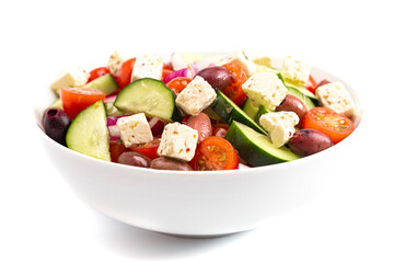 Bowl of Fresh Greek Salad with Cucumbers Tomatoes Olives and Feta Cheese