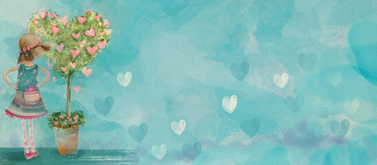 Girl and a tree of love. Watercolor love concept.Greeting card