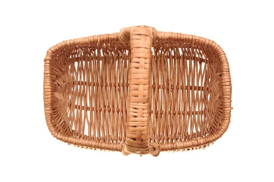 Wicker Picnic Gift Food Shopping Hamper Basket Isolated On White Background, Top View. Picnic Basket Isolated On White.