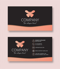 Business card with two sides view, logo design. Pink and black color. Butterfly logotype. Modern and simple style. Horizontal layout.