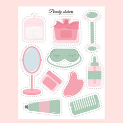 Skin beauty routine stickers vector illustration. Various beauty objects. Flat character. Cartoon style. 
