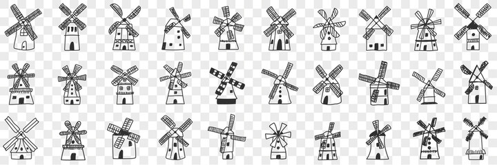 Windmills during work doodle set. Collection of hand drawn various windmill working on energy and power in rows isolated on transparent background 
