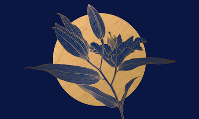 Luxury art deco gold metallic lily flower linear drawing and moon on deep blue. Wallpaper design for print, poster, cover, banner, fabric, invitation, postcard, packaging. Digital vector illustration.
