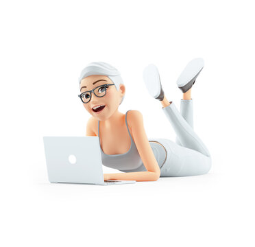 3d Senior Woman Working On Laptop And Lying Down On Floor