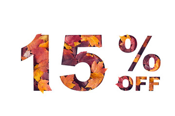 Paper cut 15 percent off text filled with texture of yellow and red autumn fall maple leaves...