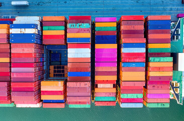 Aerial view of colorful containers on cargo ship in Southampton, one of the UK’s Leading Port Terminal Operators and this container terminal is Britain's second largest deep sea terminal. - 434824868