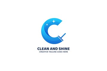 Blue Letter C Cleaning Brush Service Logo Template