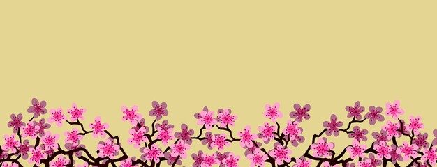 Floral greeting banner with beautiful pink blossom flowers branch Sakura. Yellow colors Background with copy space text on Cherry Twig In Bloom. Postcard good for wedding invitation, Mother, Women day