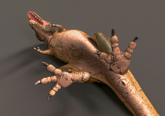 green tyrannosaurus rex is dying on dark background