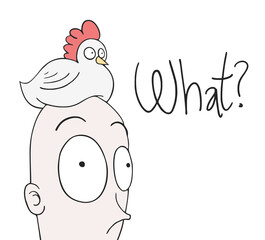 Funny man with hen in his head