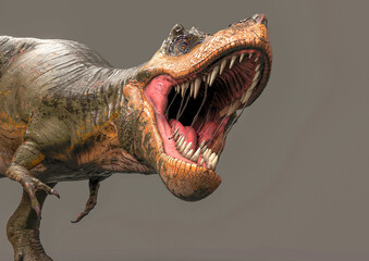 green tyrannosaurus rex is going to bite on dark background side view