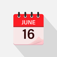 Fototapeta premium June 16, Calendar icon with shadow. Day, month. Flat vector illustration.