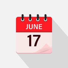 June 17, Calendar icon with shadow. Day, month. Flat vector illustration.