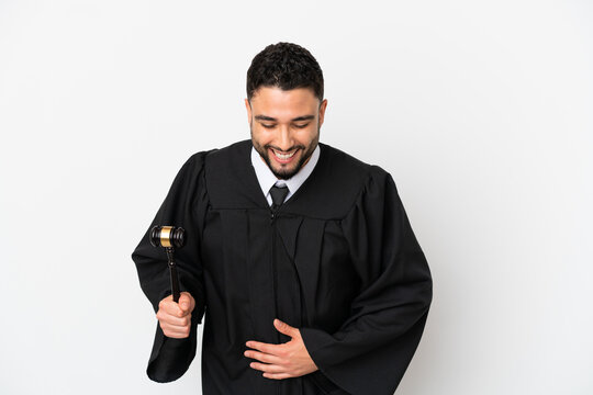 Judge arab man isolated on white background smiling a lot