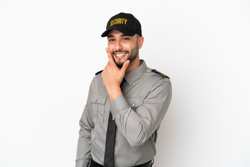 Young arab man isolated on white background happy and smiling