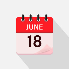 Fototapeta premium June 18, Calendar icon with shadow. Day, month. Flat vector illustration.