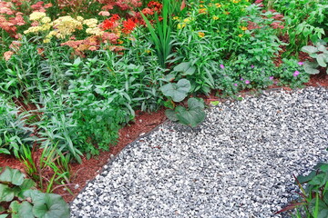 Backyard Garden Modern Design Landscaping. Landscaped Back Yard. Decorative Garden With Pathway Or...