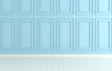 Classic interior walls with copy space. Walls with ornated mouldings panels and wooden floor, classic cornice. Floor parquet. 3d rendering digital interior mock up Illustration. Blue and white colors