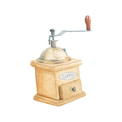 Watercolor clipart antique coffee grinder.Hand draw illustration
